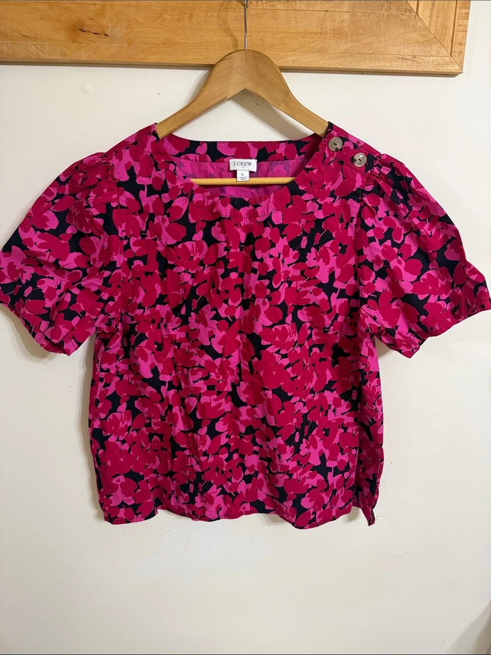 J. Crew Fuchsia and Black Floral Short Sleeve Blouse